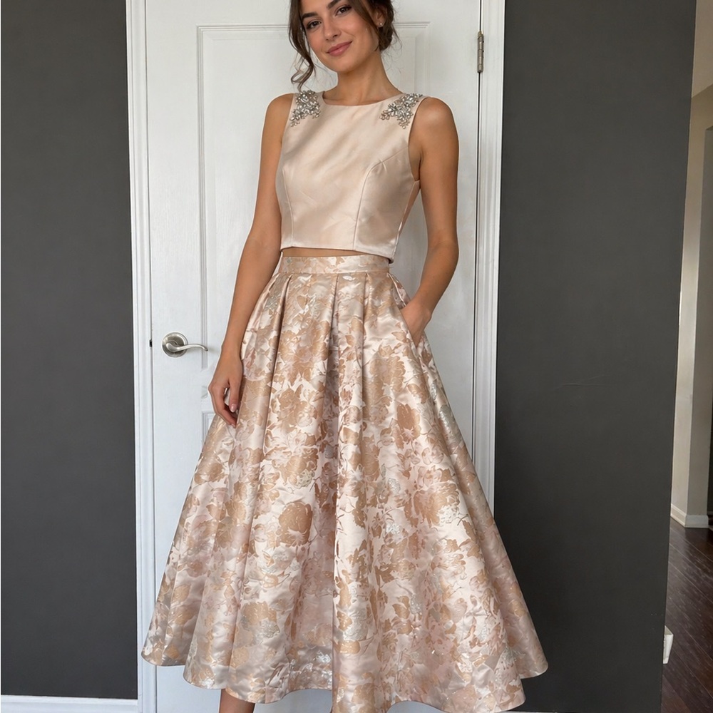 Sleeveless Cream Floral Satin Two-Piece Wedding Dress by